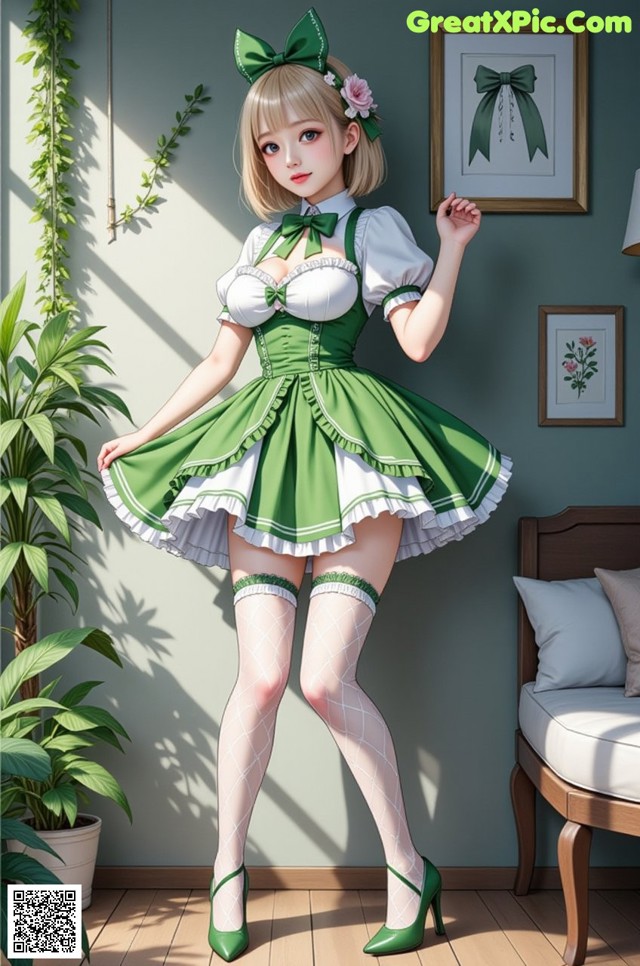A woman in a green and white dress and stockings posing for a picture.