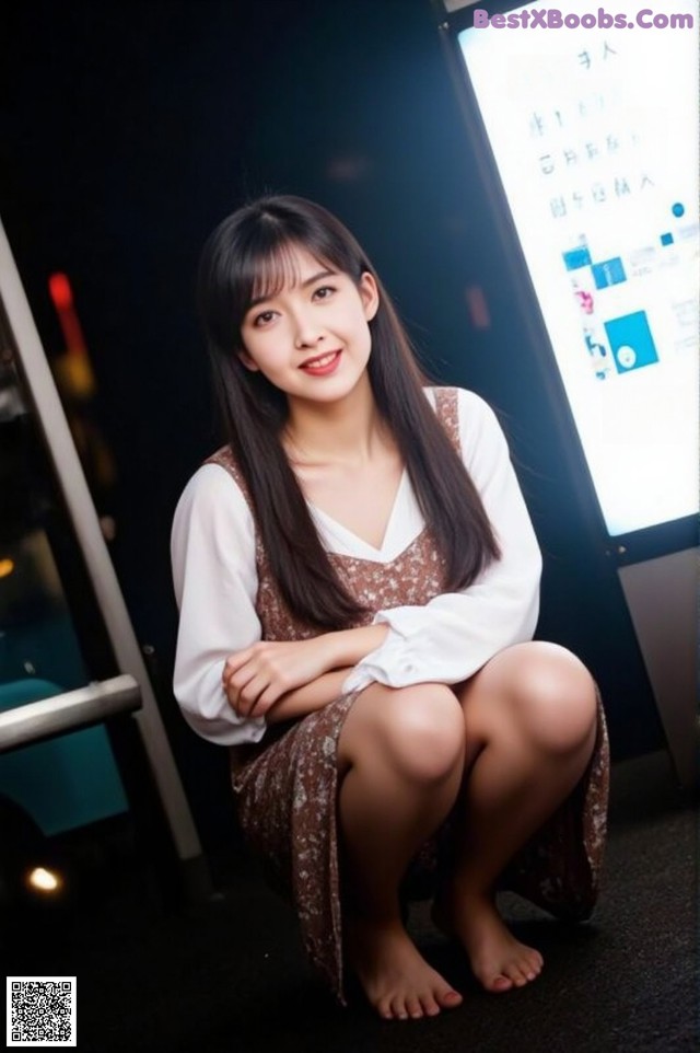 A woman sitting on the ground in front of a sign.