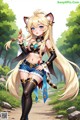 A woman with long blonde hair holding a sword in a forest.