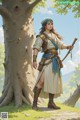 A woman standing next to a tree holding a sword.