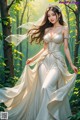 A woman in a wedding dress standing in the woods.